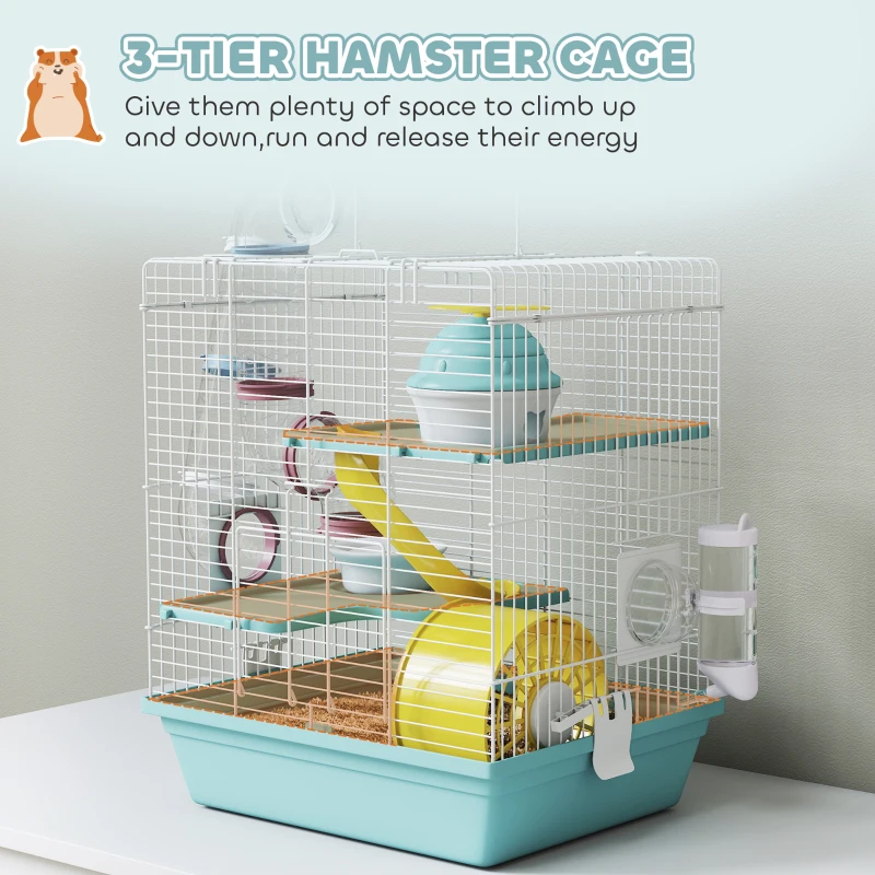 PawHut 3-Level Hamster Cage with Exercise Wheel, Play Tube, Water Bottle, Food Dish, Hut, Ladder, Blue