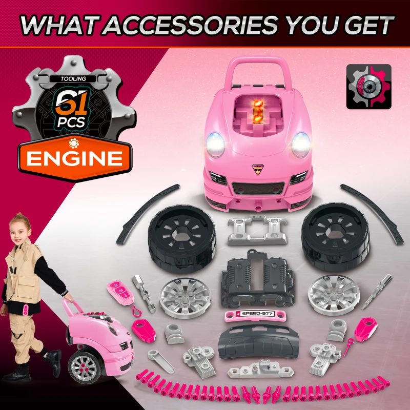 Qaba Mechanic Kids Truck Engine Toy Set, Car Service Play Set, Pink