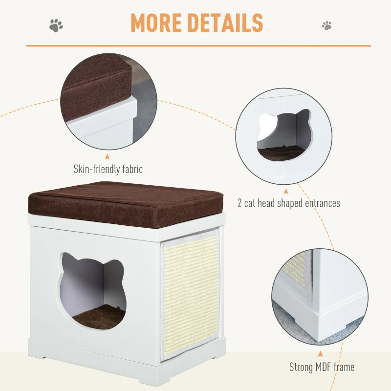 PawHut Wooden Cat Bed Cube House with Soft Padded Cushions, 2 Exterior Scratching Boards, & Interior Space, White