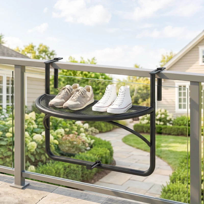 Outsunny Adjustable Balcony Hanging Rail Table Metal Mounting Mini Wall Desk Storage Rack Outdoor Flower Stand, Black