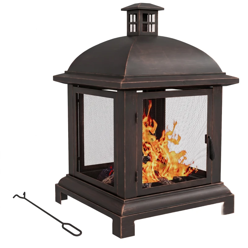 Outsunny Wood-Burning Fire Pit, Chimney Style Firepit with Poker, 26" x 26", Black