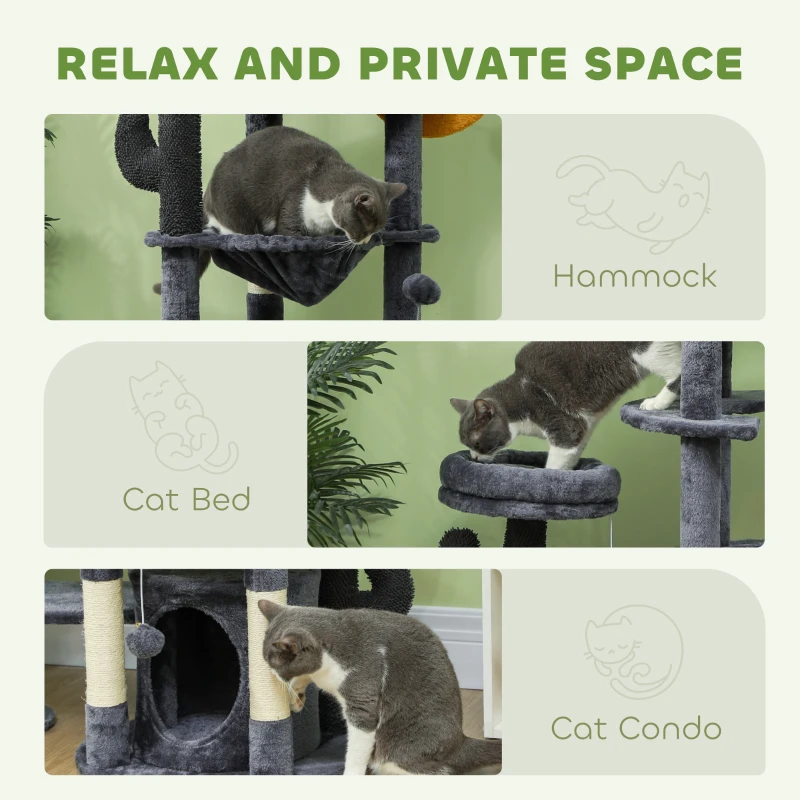 PawHut 71" Cat Tree, Cat Tower with Scratching Posts, Sisal Pad, Cat Condo, Bed, Hammock, Platforms, Toy Balls, Dark Grey