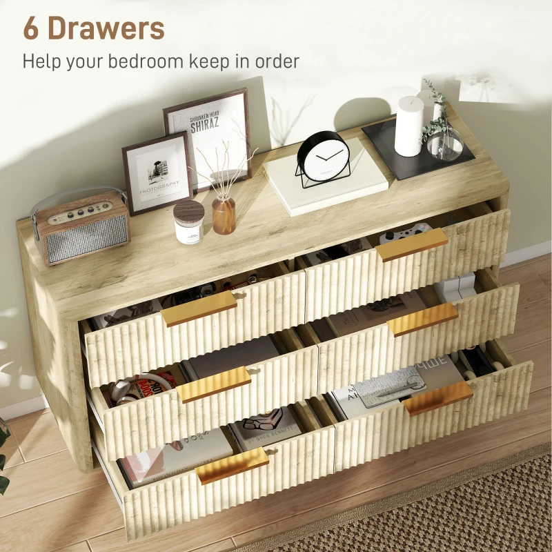 HOMCOM Fluted Chest of Drawers, Modern 6 Drawer Dresser with Pine Wood Legs, Finger Pulls for Closet, Living Room, Hallway, Oak