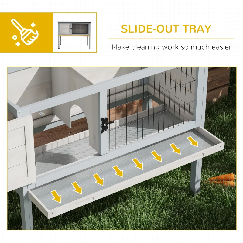 PawHut Wooden Rabbit Hutch with Openable Asphalt Roof, Tray, Light Grey