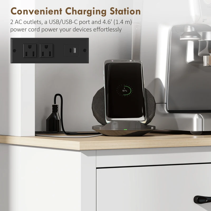 HOMCOM 69" Kitchen Pantry Cabinet with Charging Station Kitchen Cabinet with Microwave Stand 7 Gallon Trash Can Cabinet White
