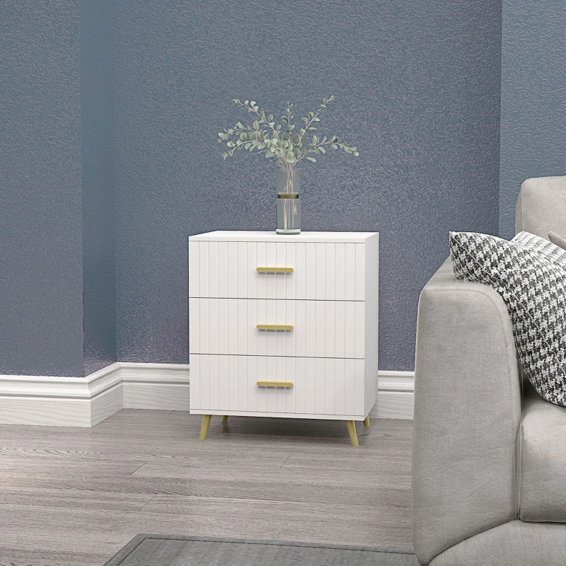 HOMCOM 3 Drawer Cabinet, Drawer Chest for Bedroom, Chest of Drawers with Aluminium Legs and Gold Handles, White