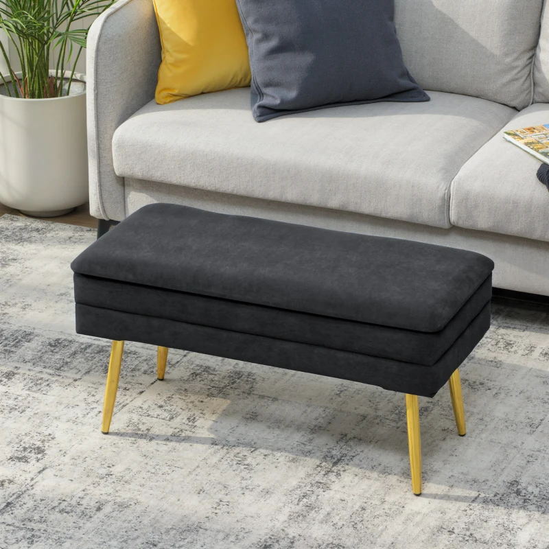HOMCOM 31" Storage Ottoman, Velvet End of Bed Bench with Steel Legs, Foot Stool with Storage for Bedroom, Living Room, Black