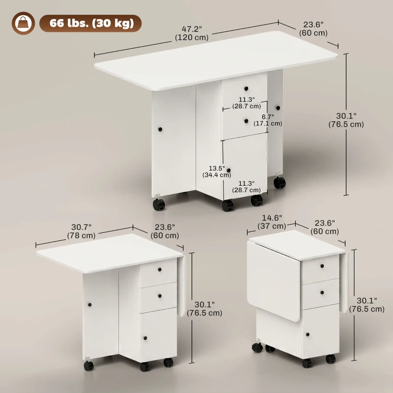HOMCOM Foldable Dining Table, Rolling Kitchen Table with Storage Drawers and Cabinet, Drop Leaf Table on Wheels, White