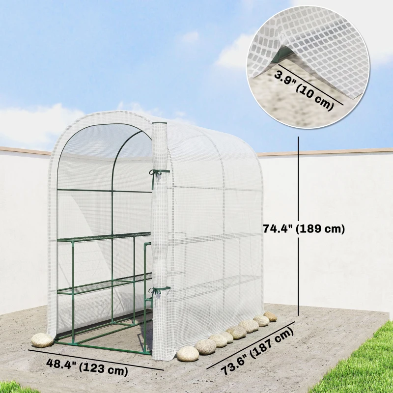 Outsunny Walk-in Mini Greenhouse with Shelves, Portable Outdoor Greenhouse with Roll-up Door, 48.4" x 73.6" x 74.4", White