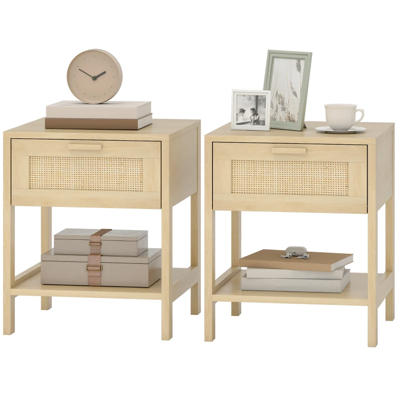 HOMCOM Narrow Nightstand with Rattan Elements, Bedside Table with Drawer and Storage Shelf for Bedroom, Set of 2, Natural Wood