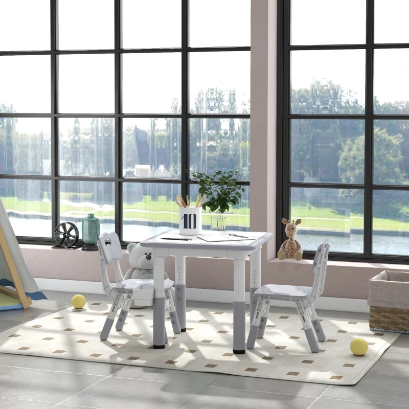 Qaba 3 Pieces Toddler Table and Chair Set, Height Adjustable Kids Table and Chair Set w/ Storage, for Playroom Grey