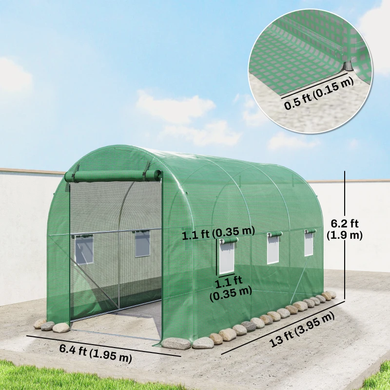 Outsunny 13' x 6' x 6' Outdoor Walk-in Tunnel Greenhouse Portable Plant Gardening Warm House with PE Cover Green