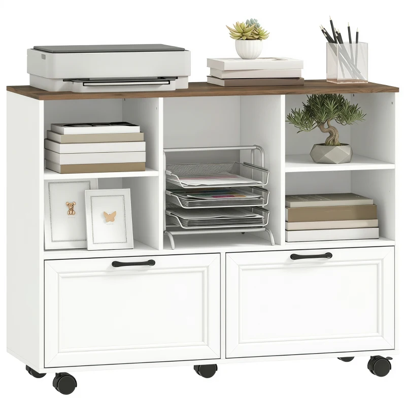HOMCOM Lateral Mobile Filing Cabinet, 2 Drawer File Cabinet with Wheels, Adjustable Hanging Bars, Walnut and White