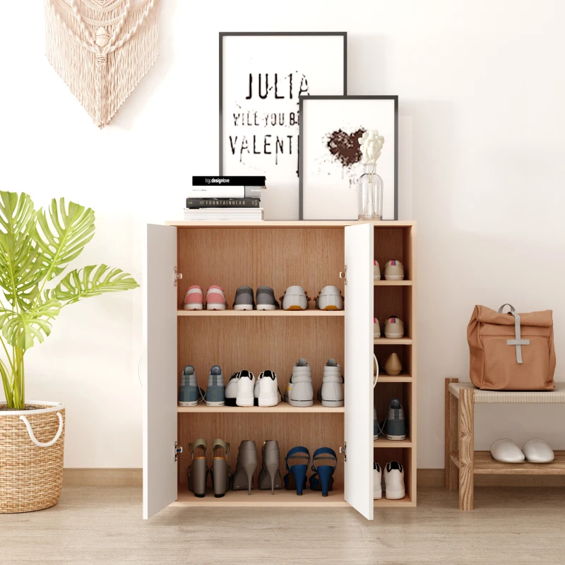 HOMCOM 35.5" Shoe Cabinet, 3-Tier Free Standing Shoe Storage Cabinet with Adjustable Shelves and 5 Open Cubes for Entryway, Hallway, Living Room, Natural