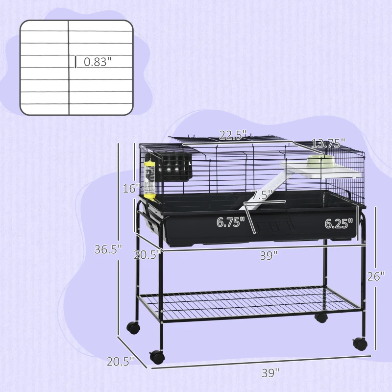 PawHut Small Animal Cage with Rolling Stand, Portable Bunny Cage with Storage Shelf, Guinea Pig Cage, Chinchilla Ferret Cage with Food Dish, Hay Feeder, Water Bottle, 39" x 22" x 36.5"