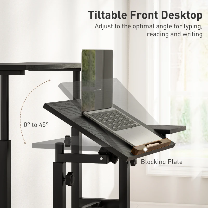 HOMCOM Mobile Stand Up Desk, Height & Angle Adjustable Computer Desk with Wheels for Standing or Sitting, Laptop Desk, Black