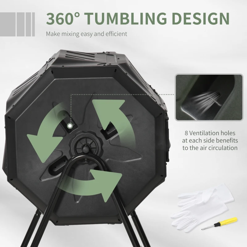 Outsunny 43 Gallon (160L) Tumbling Compost Bin Outdoor Dual Chamber 360° Rotating Composter with Sliding Doors, Solid Steel Frame and Gloves, Black
