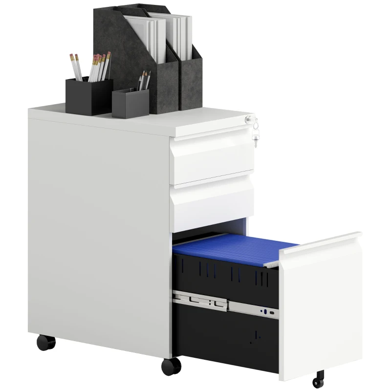 Vinsetto 3 Drawer Filing Cabinet with Lock, Steel Office Storage Cabinet with Hanging Bar for A4, Legal, Letter Files, White