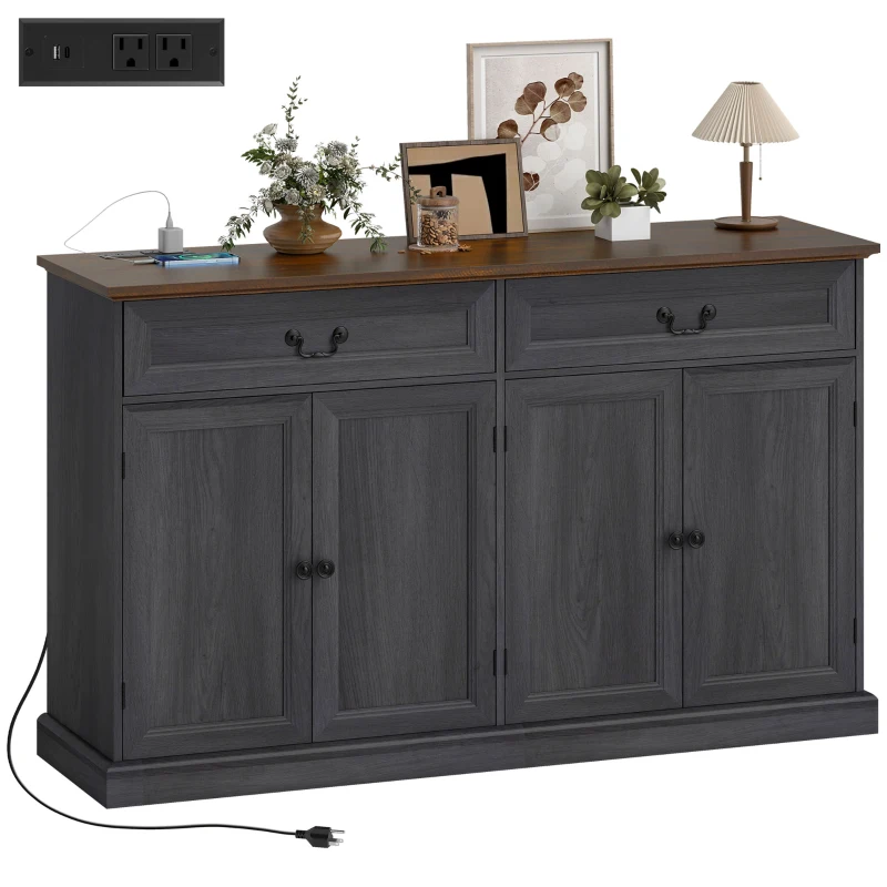 HOMCOM Buffet Cabinet, 55" Farmhouse Sideboard with Charging Station, 2 Drawers and 2 Adjustable Shelves, Black Wood Grain