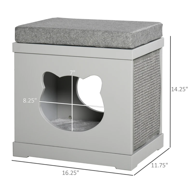 PawHut Wooden Cat Bed Cube House with Soft Padded Cushions, 2 Exterior Scratching Boards, & Interior Space, Grey