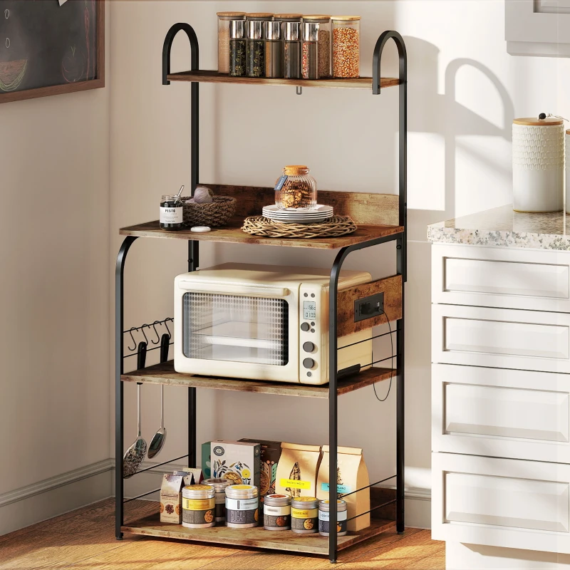 HOMCOM Baker's Rack with Charing Station, Microwave Shelf with Power Outlet, USB Charger and 4 Hooks, Rustic Brown