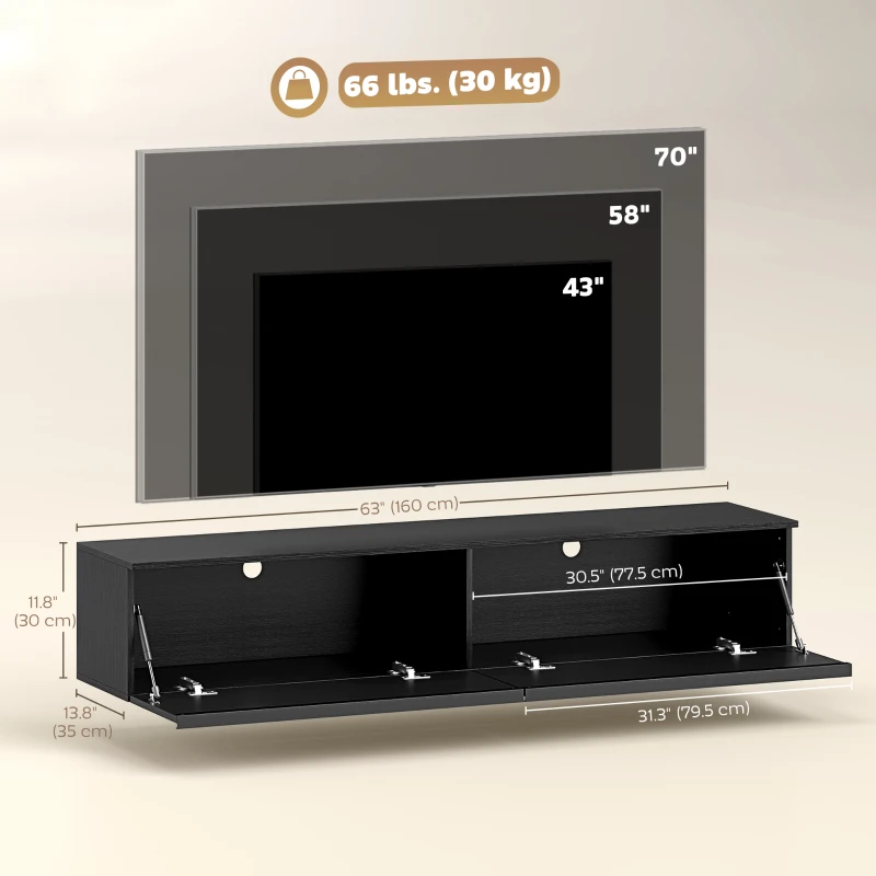 HOMCOM Wall Mounted TV Stand, Floating TV Cabinet with Storage, for TVs up to 70", High Gloss Effect, Black