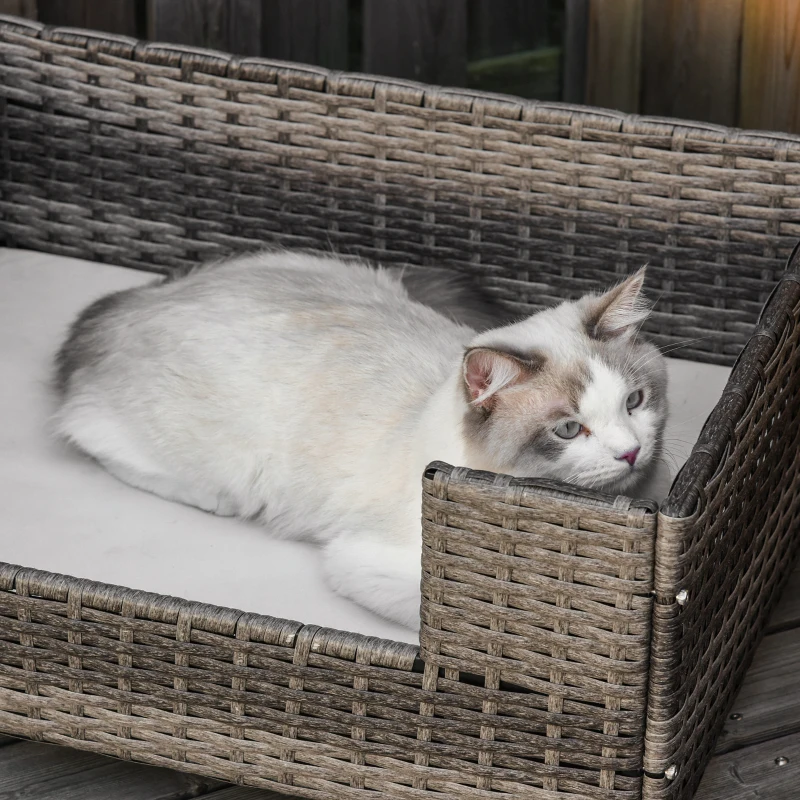 PawHut Rattan Pet Bed Raised Wicker Dog Sofa for Doggy and Cat Indoor & Outdoor with Soft Washable Cushion Grey