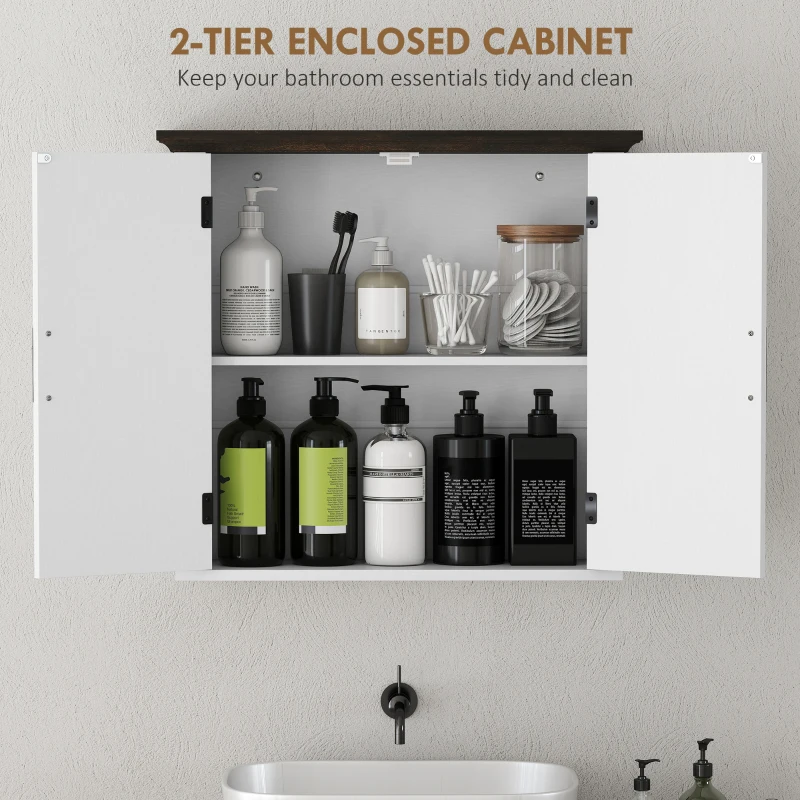 HOMCOM Bathroom Wall Cabinet, Farmhouse Medicine Cabinet Wall Mounted with 2 Doors and Adjustable Shelf, White
