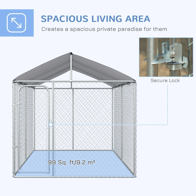 PawHut 13' x 7.5' x 7.5' Dog Kennel, Outdoor Dog Run with Waterproof, UV Resistant Roof, Lockable Door for Large-Sized Dogs, Silver