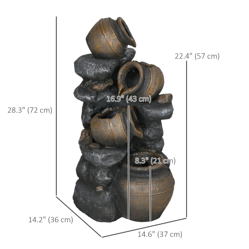 Outsunny 28.3" Solar Water Fountain, 4-Tier Resin Cascading Jars and Stacked Stones Outdoor Waterfall Fountain with LED Lights