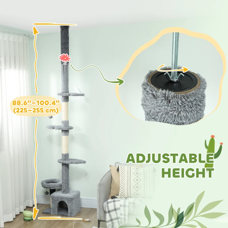 PawHut Floor to Ceiling Cat Tree, 4 Tiers Tall Kitty Climbing Tower with Scratching Post, Adjustable Height 87-100"