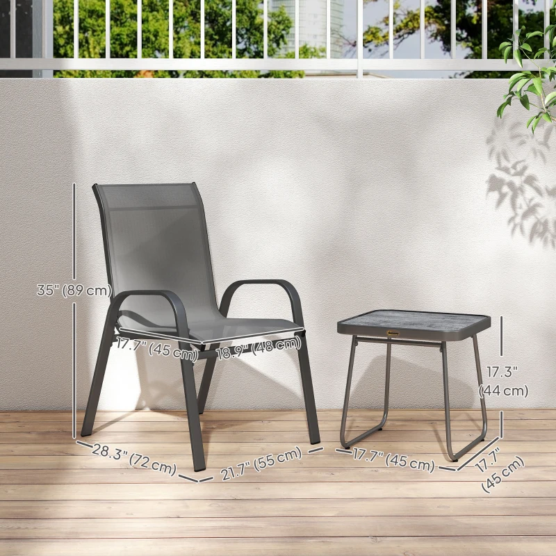 Outsunny Outdoor Bistro Set of 3, 3-Piece Patio Set with Breathable Mesh Fabric, Stackable Chairs and Square Table, Light Grey