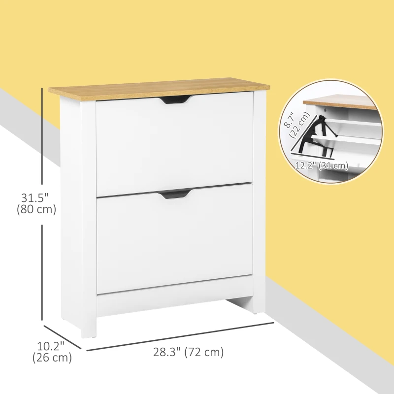 HOMCOM Shoe Storage Cabinet with 2 Flip Drawers and Adjustable Shelves for 8-12 Pairs of Shoes, White