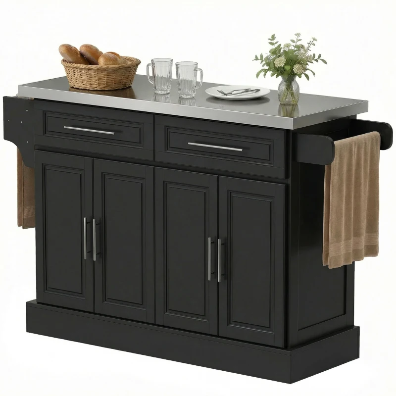 HOMCOM Rolling Kitchen Island with Storage and Stainless Steel Top, Kitchen Trolley with Drawers, Cabinets, Towel Rack