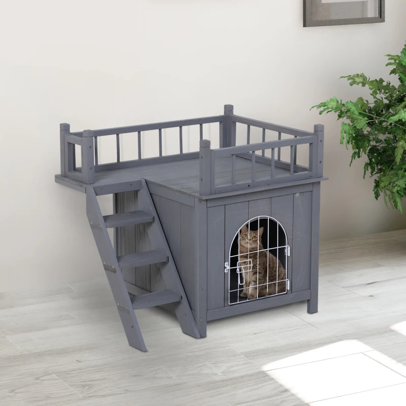 PawHut 2-Level Wooden Cat House, Outdoor Dog Shelter Cat Condo with Lockable Wire Door and Balcony, Grey