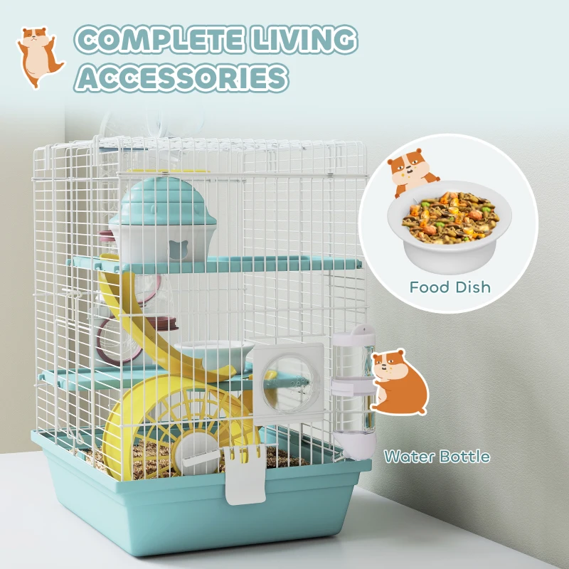PawHut 3-Level Hamster Cage with Exercise Wheel, Play Tube, Water Bottle, Food Dish, Hut, Ladder, Blue