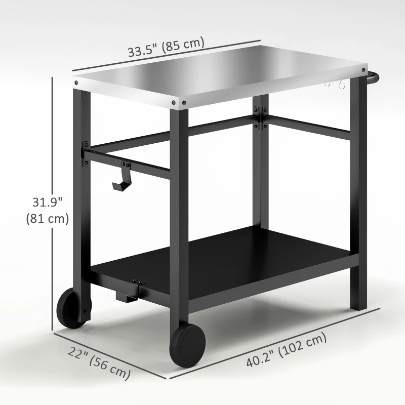 Outsunny Outdoor Grill Dining Cart with Stainless Steel Tabletop, 2-Shelf BBQ Movable Pizza Oven Stand with Wheels, Charcoal Grey