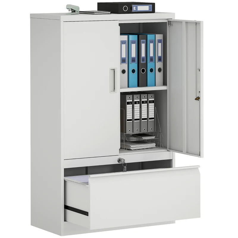 HOMCOM Lateral Filing Cabinet, Metal Storage Cabinet, Garage Cabinet with Double Locks, Adjustable Shelf and File Drawer, White