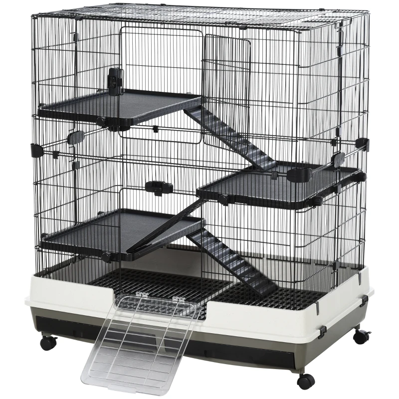 PawHut 43" Small Animal Cage with Wheels, 4-Level Portable Bunny Cage, Chinchilla Ferret Cage with Removable Tray, Platform and Ramp