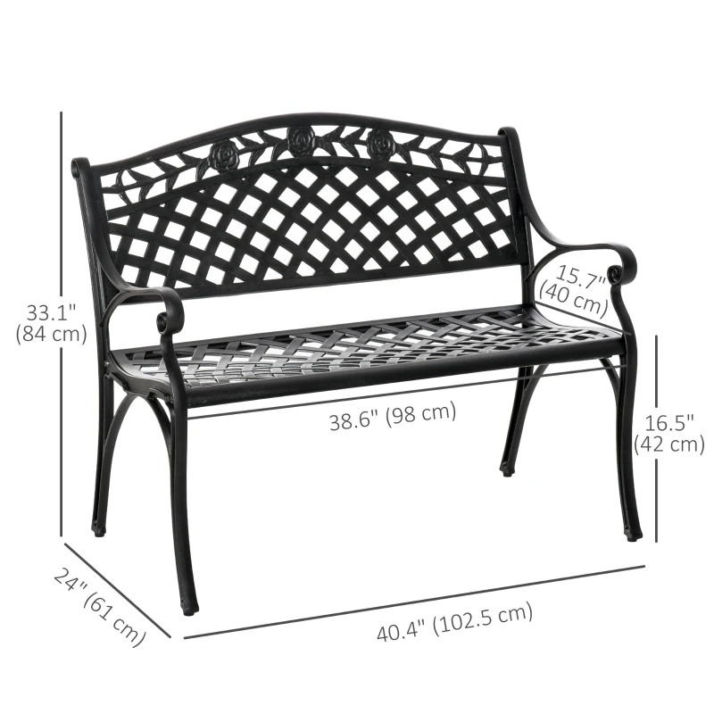 Outsunny Outdoor Garden Bench, 40" Patio Bench with Aluminum Frame and Armrests, 2-Person Patio Loveseat with Floral Pattern for Park, Porch, Yard, Lawn, 485 LBS Capacity