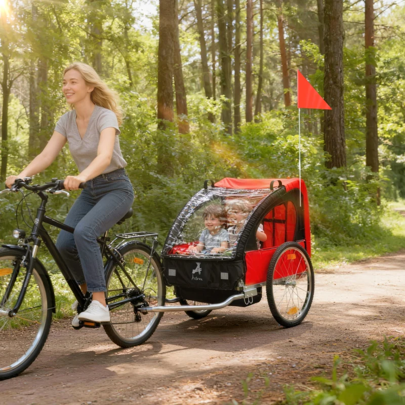 Aosom 2-Seat Child Bike Trailer for Kids with a Strong Steel Frame, 5-Point Safety Harnesses, & Comfortable Seat, Red