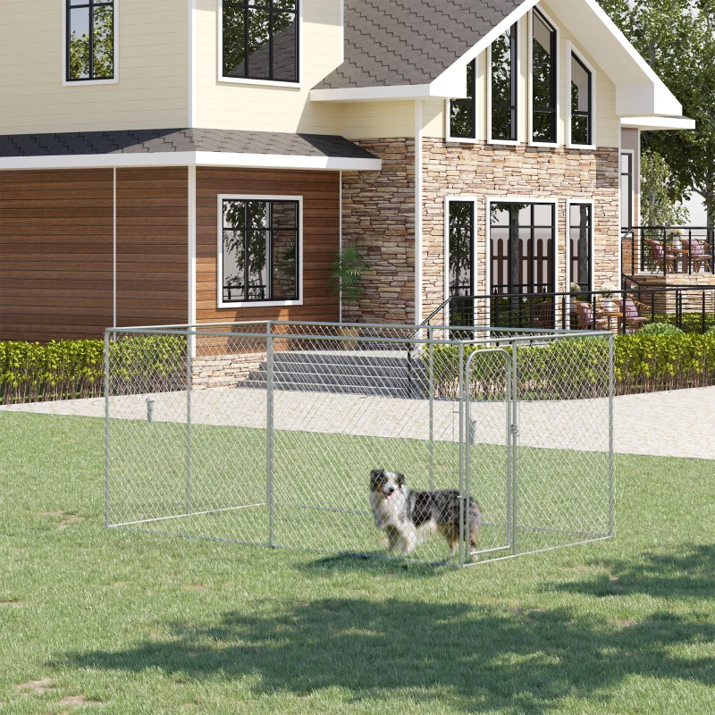 PawHut Dog Kennel Outdoor Galvanized Chain Link Fence Heavy Duty Pet Run House Chicken Coop with Secure Lock Mesh Sidewalls for Backyard Garden Silver, 13' L x 7.5' W x 5.9' H