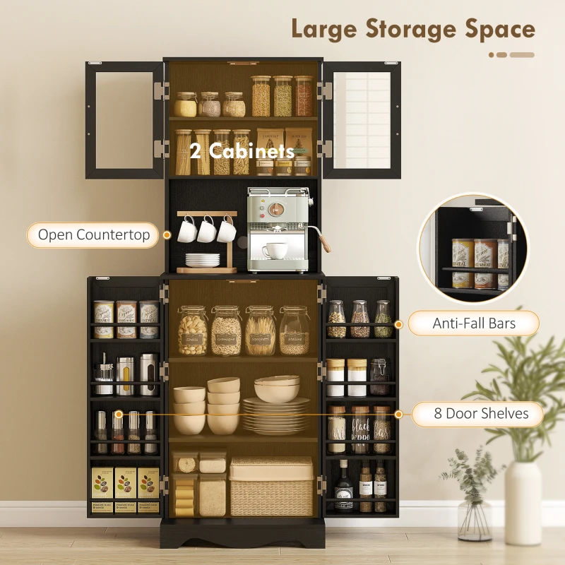 HOMCOM 71" Kitchen Pantry Cabinet, Freestanding Kitchen Hutch with 8 Door Shelves, Adjustable Shelf and Acrylic Doors, Black