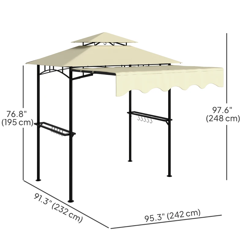 Outsunny 8' x 7.6' Grill Gazebo, Double Tiered Barbecue Grill Gazebo Shelter w/ Side Awning, 2 Side Shelves, 6 Hooks, Beige