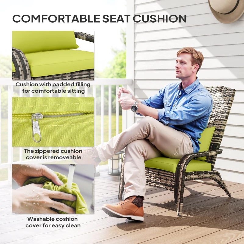 Outsunny Patio Wicker Adirondack Chair, Outdoor PE Rattan Fire Pit Chair, Muskoka Chair w/ Soft Cushions, Tall Curved Backrest and Comfortable Armrests for Deck Garden, Green