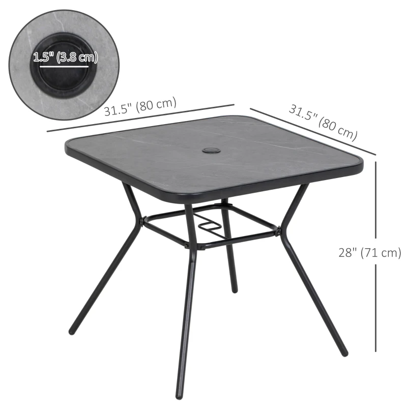 Outsunny Square Outdoor Table, Patio Bistro Coffee Table with Faux-marbled Top and 42mm Umbrella Hole for Garden, Dark Grey
