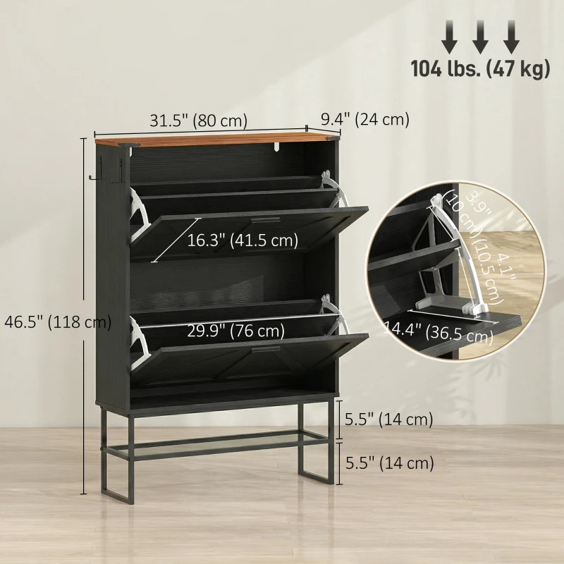 HOMCOM Narrow Shoe Storage Cabinet with 2 Flip Drawers, Slim Shoe Cabinet for 15-20 Pairs, Black Wood Grain
