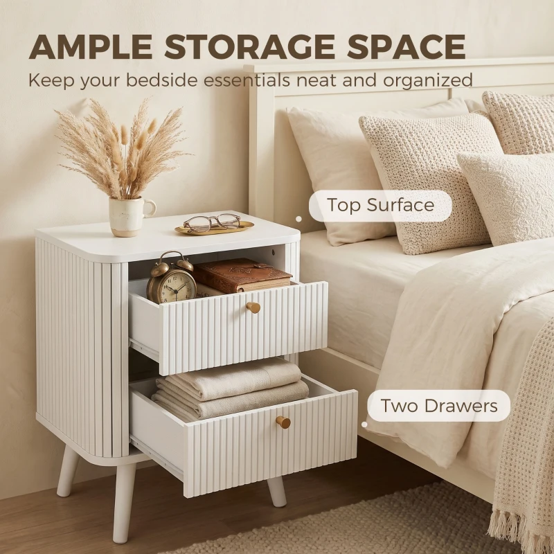HOMCOM Modern Nightstand Set of 2, Bedside Table with 2 Drawers, Side End Table for Bedroom, Living Room, White Wood Grain