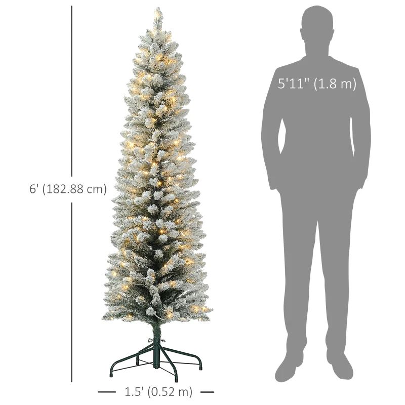 HOMCOM 6ft Artificial Prelit Christmas Tree with Warm White LED Light, Snow Flocked Branches, Metal Base, Pencil Xmas Tree
