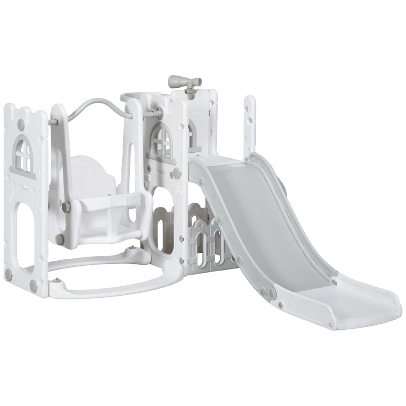 Qaba 6-in-1 Slide and Swing Set Baby Swing Playset Indoor with Basketball Hoop, Climber, Storage Space, Telescope, Grey
